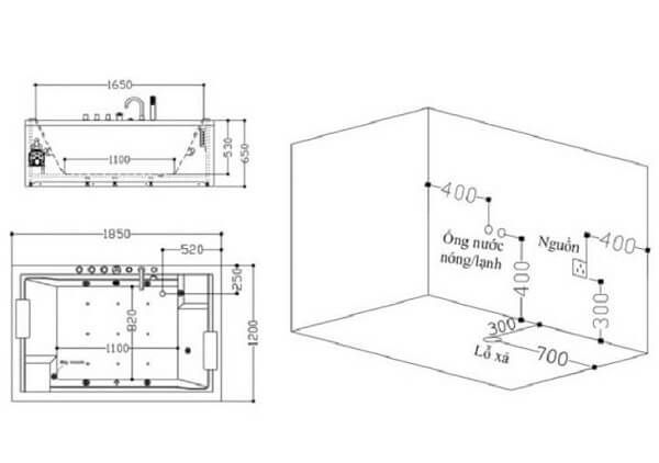 Sơ đồ kỹ thuật bồn tắm massage EU - 102B