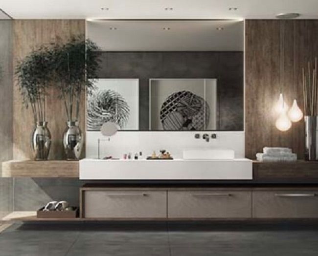 Phòng tắm có sự kết hợp giữa gam màu gỗ mộc mạc và các màu trung tính như trắng, xám