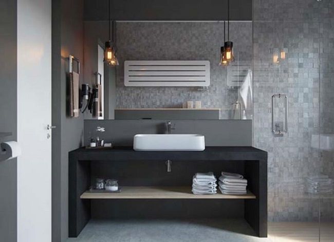 Nhà tắm với tông màu trung tính kết hợp đèn trang trí